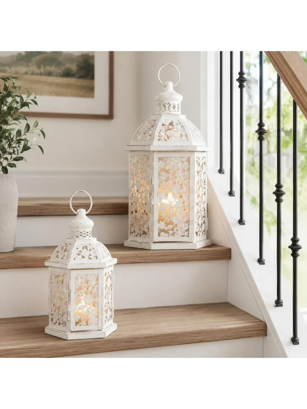 Set of 2 White Metal Lanterns - Decorative Candle Holders for Indoor & Outdoor